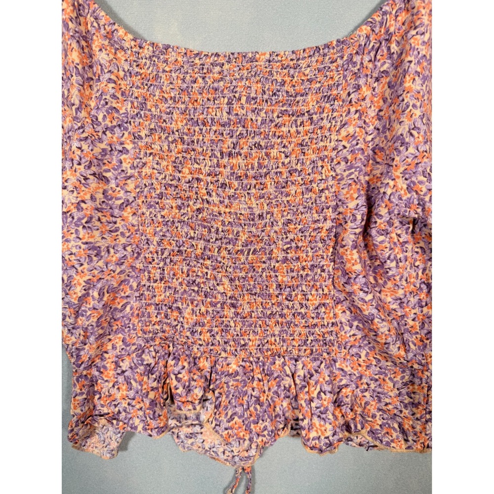 Japna Women Purple Orange Floral Smocked Peplum Blouse Square Neck Large - Picture 8 of 8